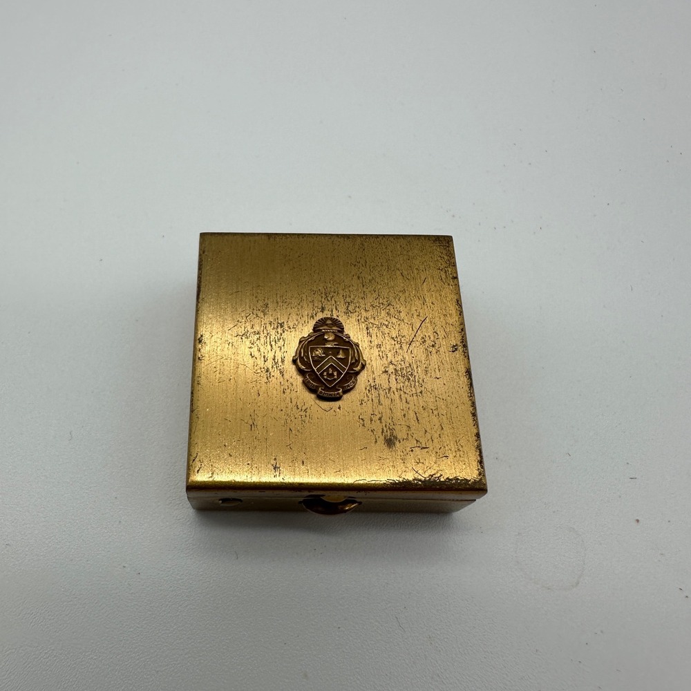 Vintage Mini Brass Compact Labor Omnia Vincit Crest Beehive Anvil Ship Mirror